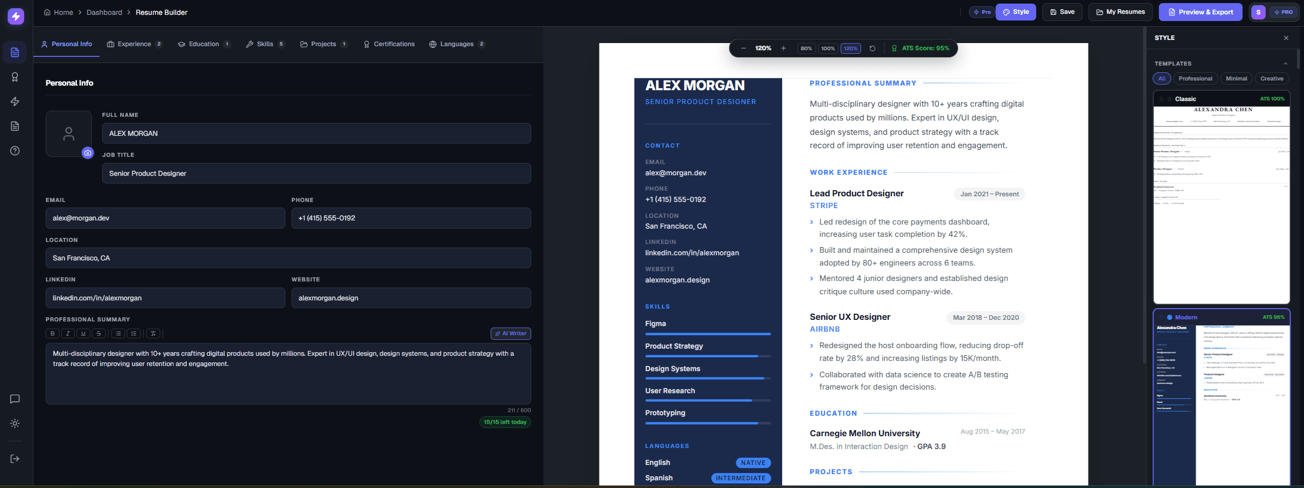 BespokeCV Interface - Dashboard